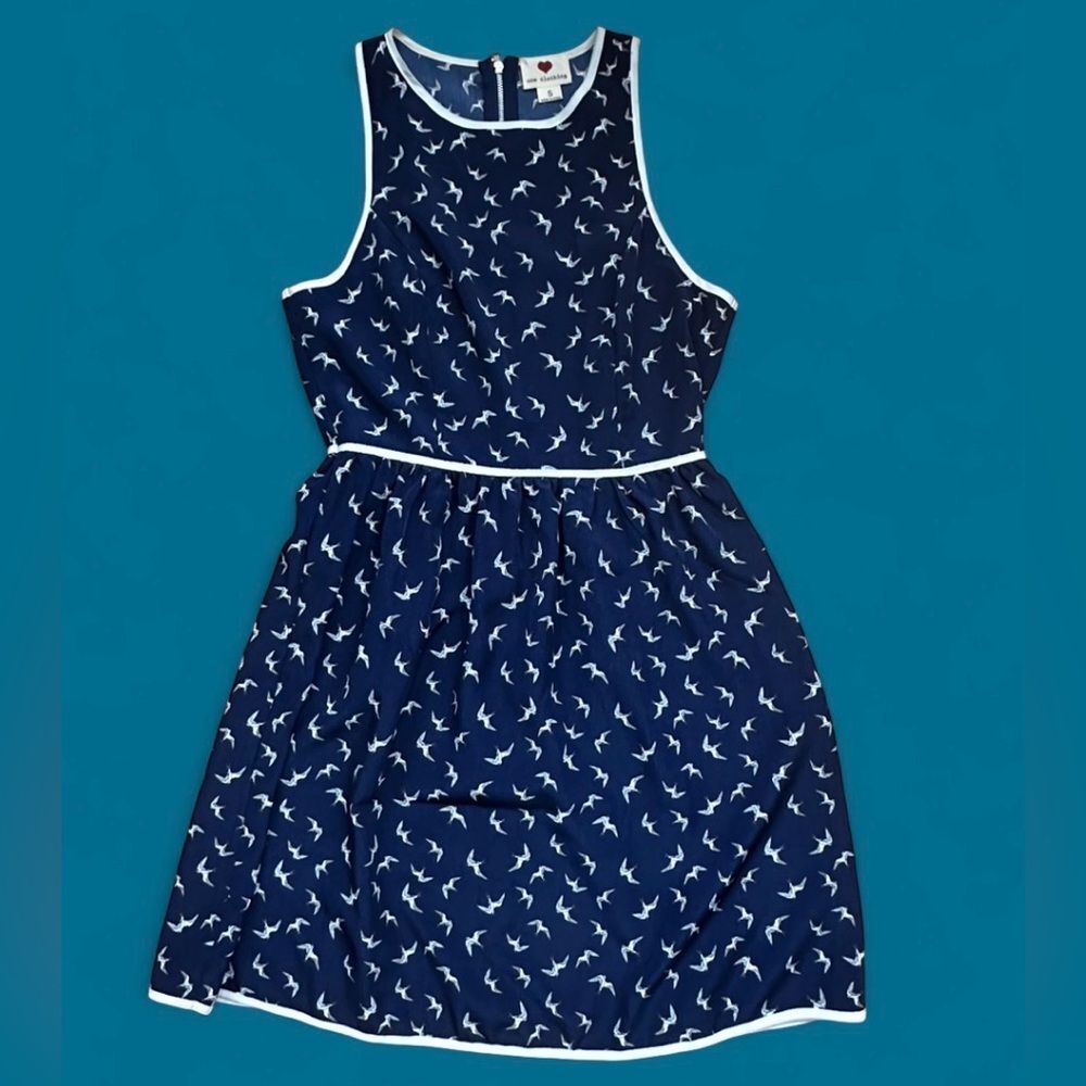 Navy Blue Sleeveless Dress with Swallow Pattern